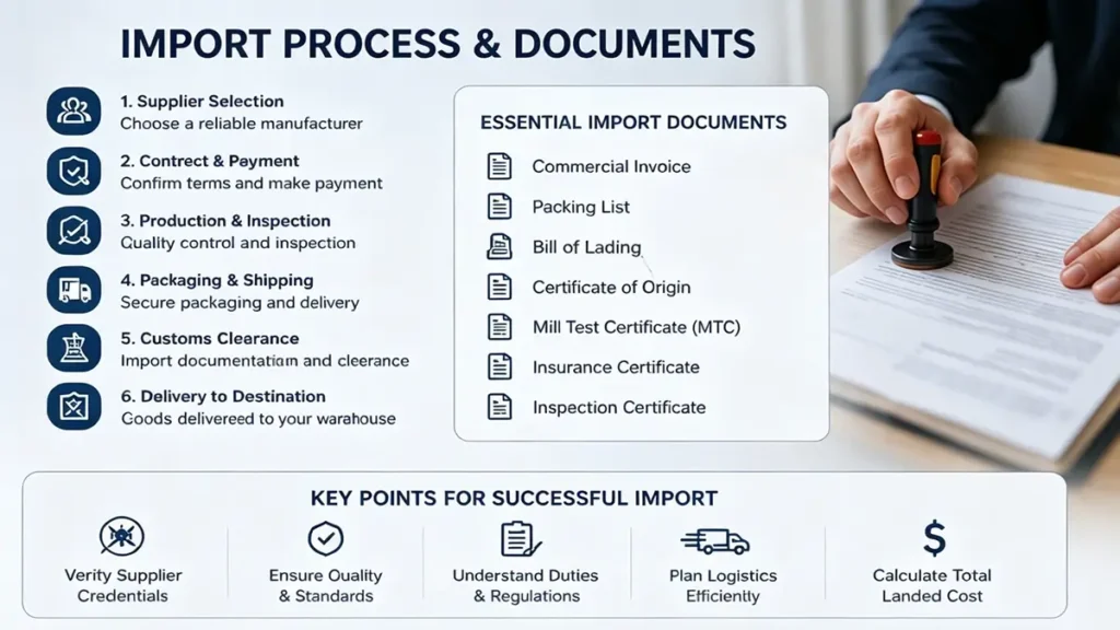 Galvanized steel coil import process from China including supplier verification, customs clearance, commercial invoice, bill of lading, and inspection certificate