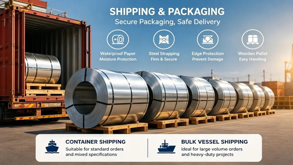 Export packaging and container shipping for galvanized steel coil with waterproof protection, steel strapping, and industrial logistics solutions